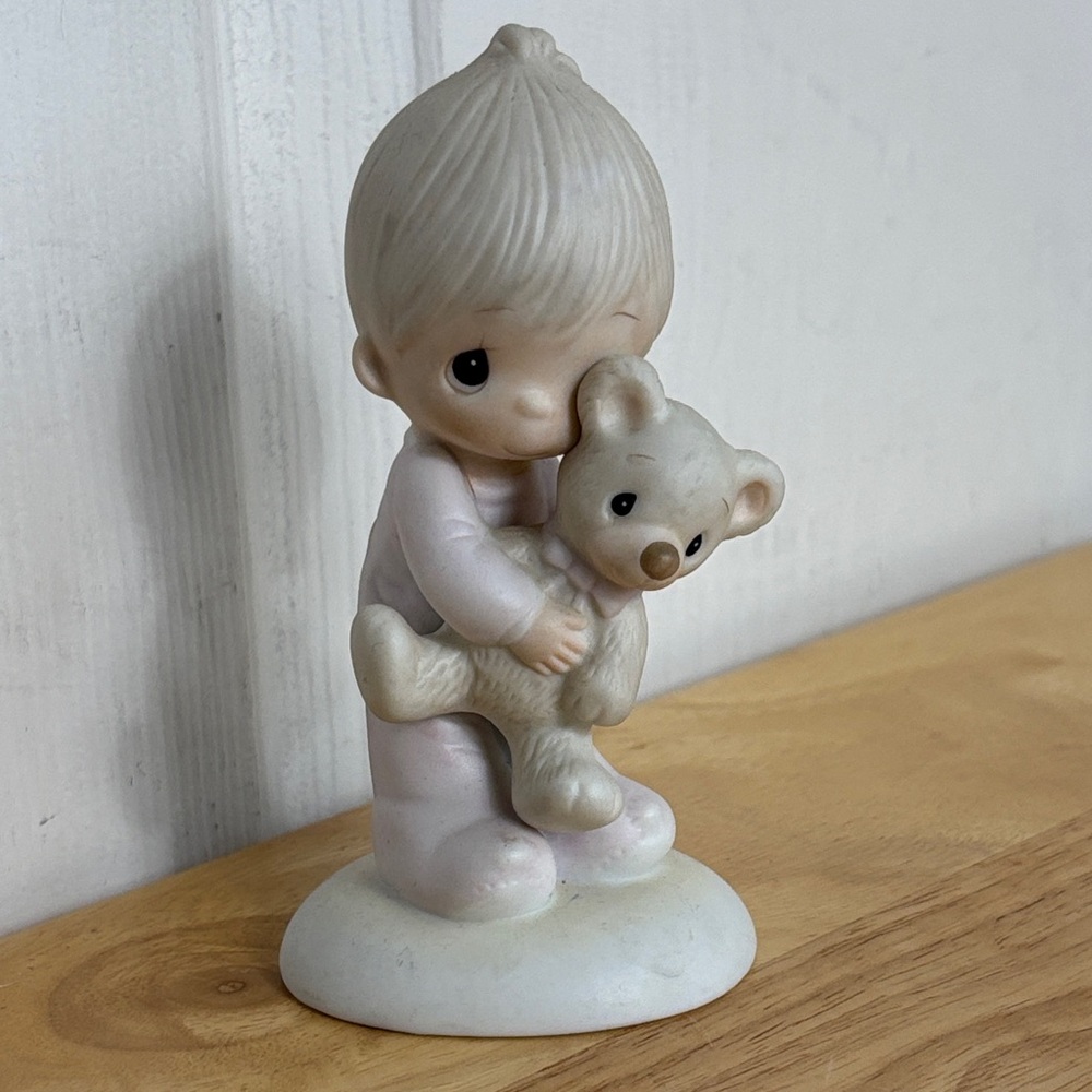 Precious Moment Jesus Loves Me Figurine 1978 Little Girl Hugging Teddy Bear
